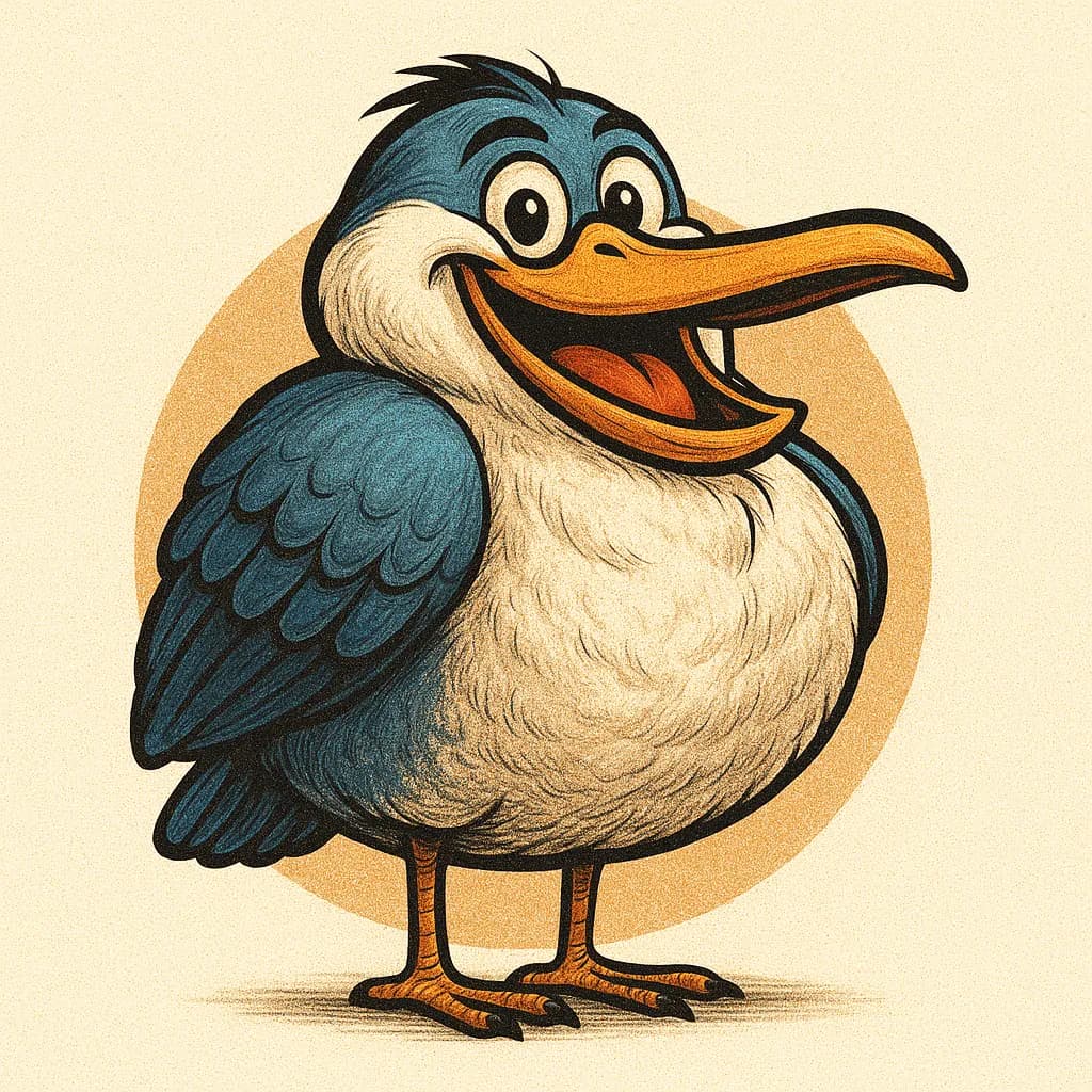 Fat Heron mascot with open beak